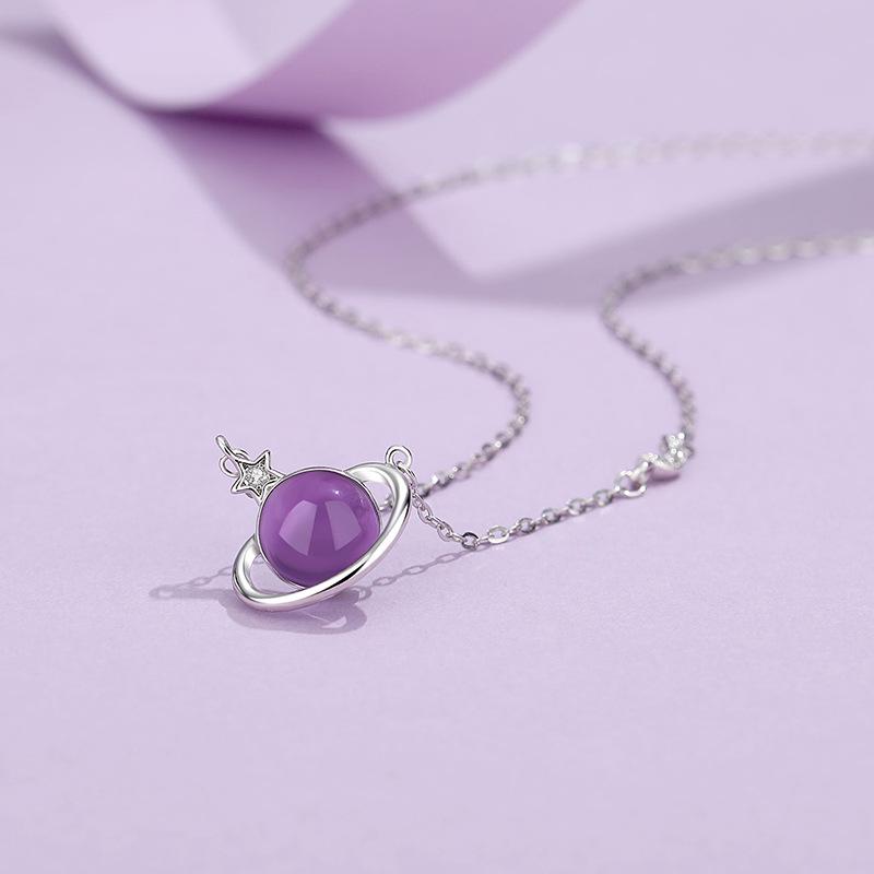 Tichia Original Amethyst Planet Necklace - Women s Dreamy S925 Sterling Silver Clavicle Chain 925 Silver