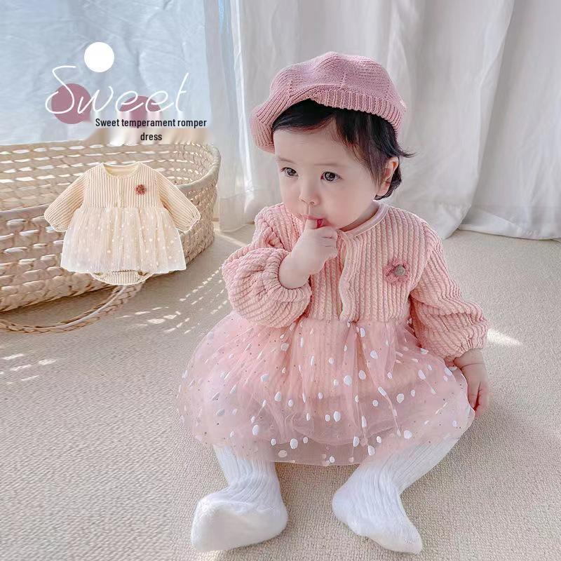 

Korean Style Baby Girl Double-Layer Romper for Spring & Autumn - Sweet Temperament Outfit for 100-Day Celebrations & Outings 66 cm