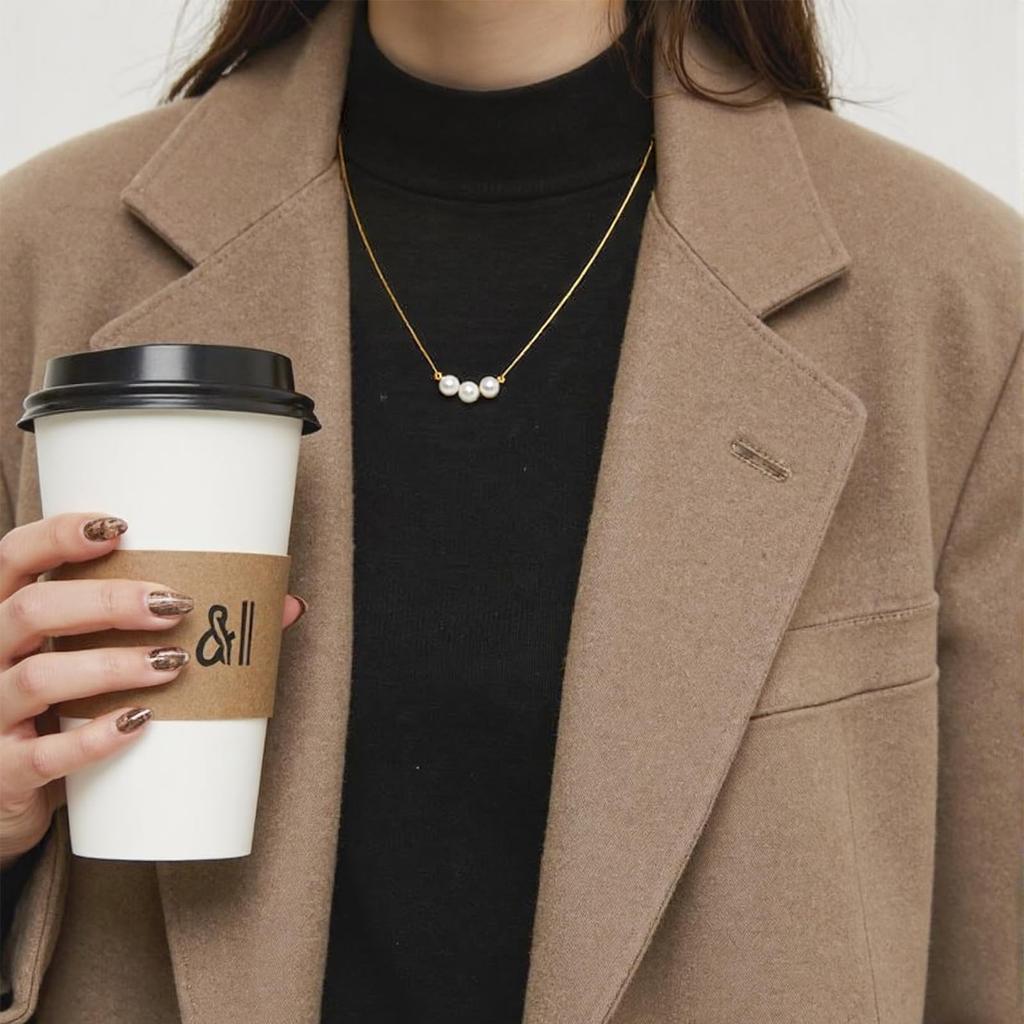 Pearl Necklace for 18K Gold White Freshwater Single 3 Pearl Pearl Gold [Tessalyn] Women, Plated, Necklace, Pendant, Simple, Popular,