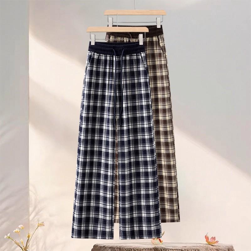 

Autumn/Winter Plaid Wide-Leg Patchwork Pants - High-Waisted, Plus Size, With/Without Fleece XL