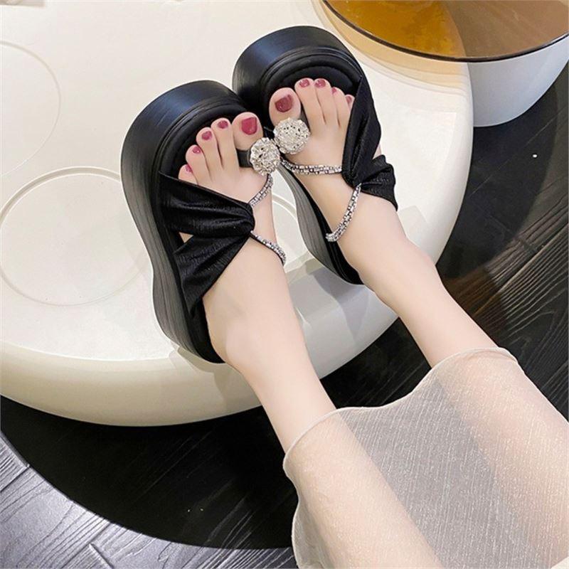 Thick-bottomed Rhinestone Set Toe Slippers for Women's Outer Wear Summer 2025 New Fashionable Versatile Muffin Heightening Casual Cool Slippers