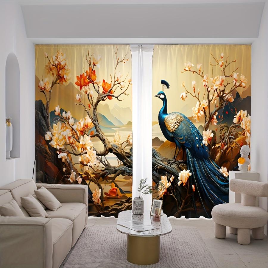 2pcs Blue Peacock Decorative Curtain Rod Pocket Curtain Versatile For All Seasons  For Bedroom Kitchen Office Study Living Room