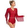 Womens Latin Dance Costume Shiny Rhinestone Tassel Leotard V Neck Long Sleeve Cutout Back Bodysuit for Tango