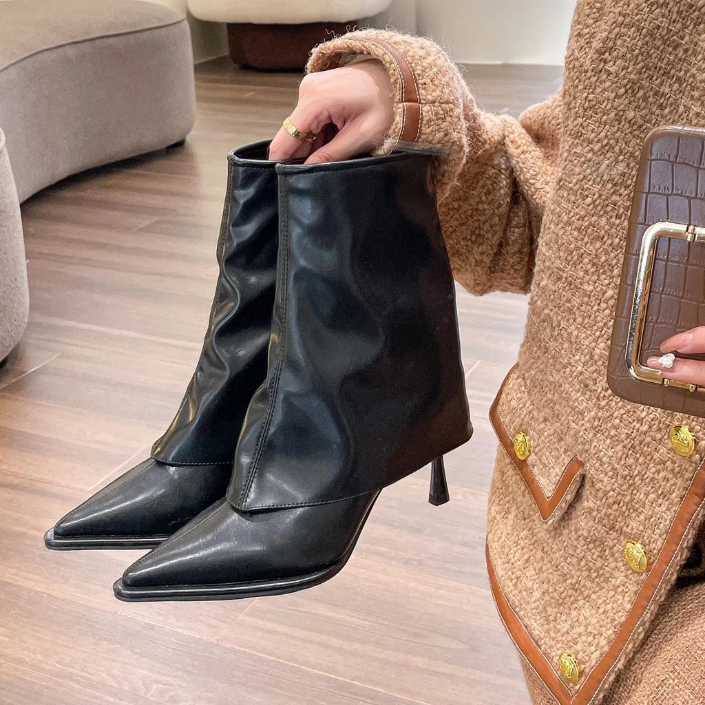 Fashion Ankle Boots Women Black Beige Brown Microfiber Leather Women Short Boots Pointed Toe Stiletto High Heel Winter Ladies Boots