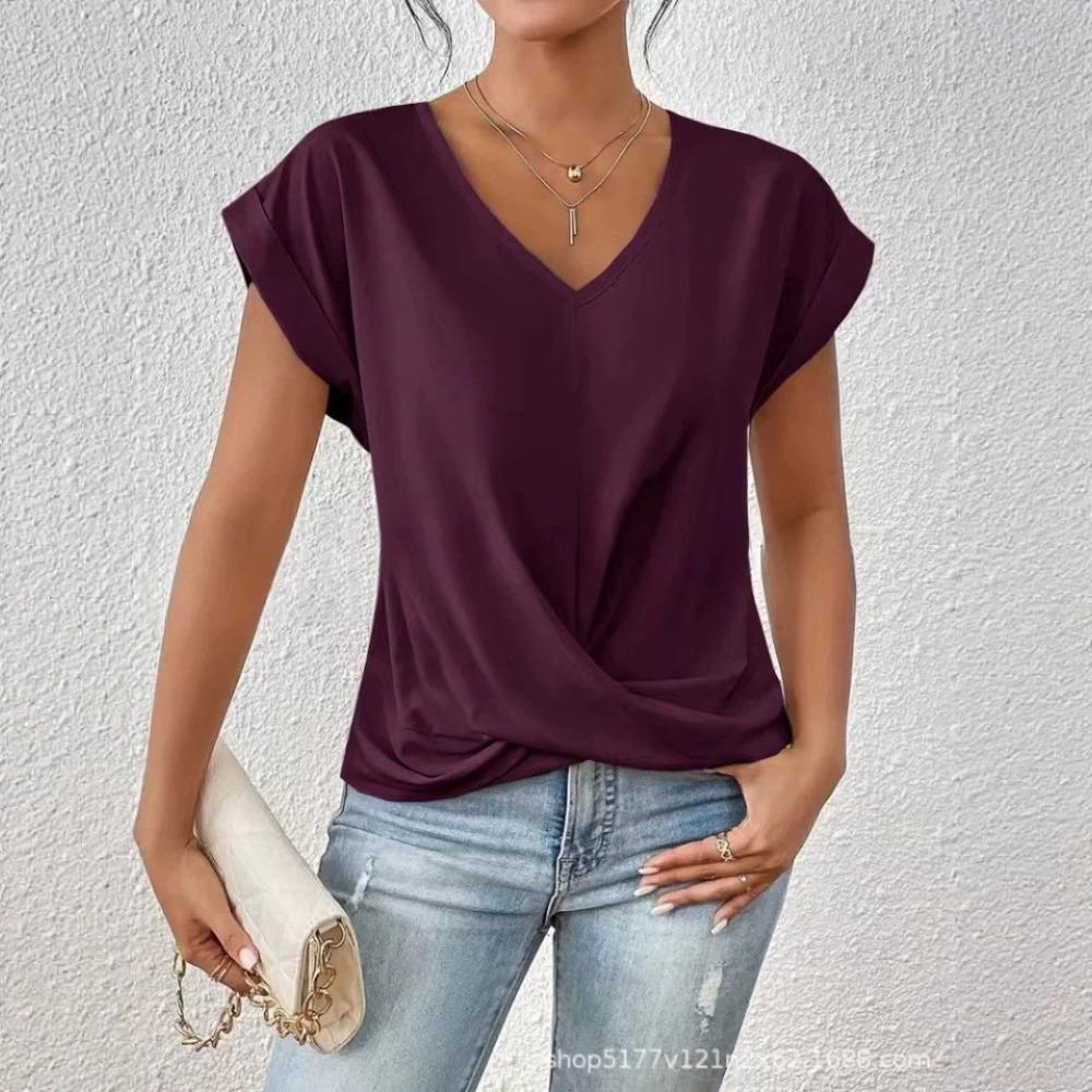 Summer Solid-color Fitted V-neck Women's Short-sleeved T-shirt