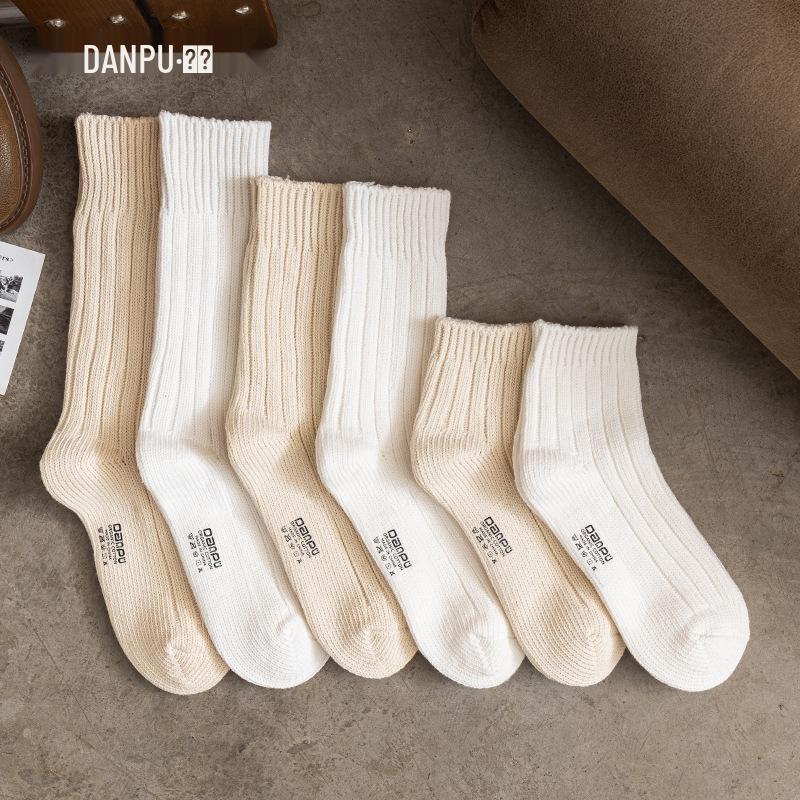 Japanese Style Thick Knit Cotton Socks - Ecru, Breathable, Mid-Calf, Unisex