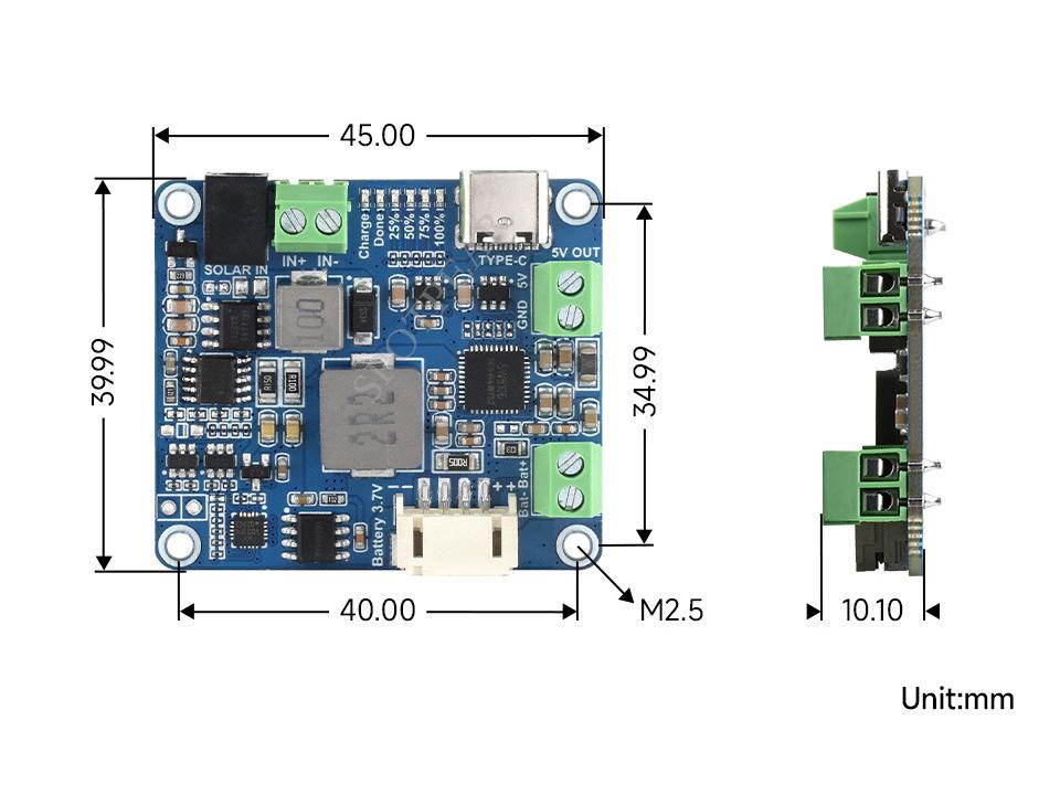 MPPT Solar Charging Module with 3A 5V Output and Rechargeable Lithium Battery.