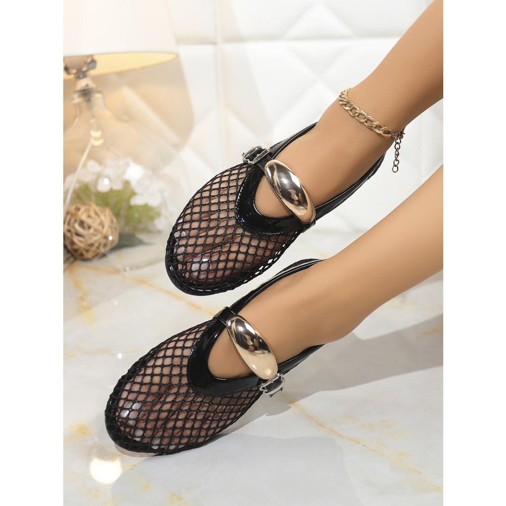 Plus Size Women Round Toe Fishnet Hollow Out Flat Sandals, New Spring Summer European Style Breathable Casual Sandals