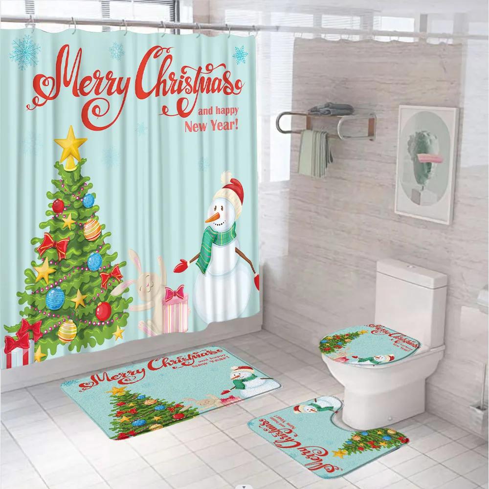 Weihnachts-Nikolaus Duschvorhang-Set Mit Teppich Toilettensitzbezug Badvorleger Weihnachtsbaum Schneeflocken-Szenerie Bauernhaus Wannen Vorhänge