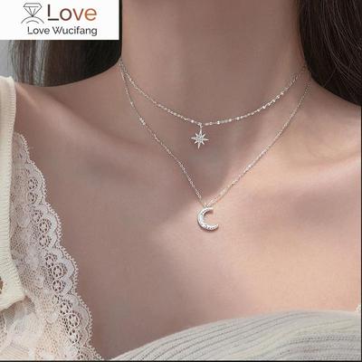 925 Sterling Silver Star Moon Double Layer NecklaceShiny Zircon Pendants Necklaces for Women Gift Fine Jewelry Accessories
