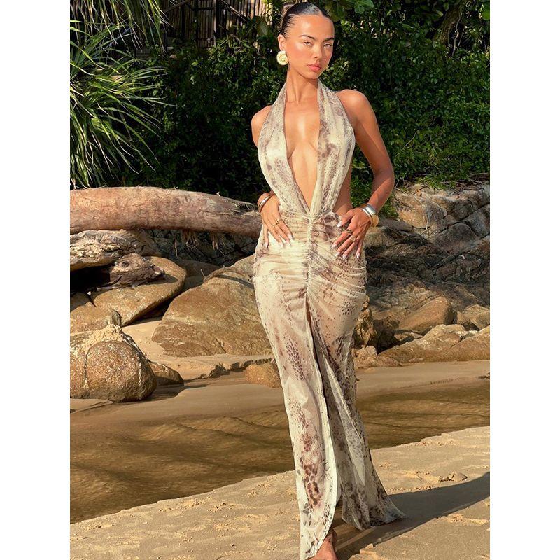 Outfitgirl Sexy Plaid Mesh Halterneck Bare Back Slim Fit Slit Print Dress Beach Vacation Dress
