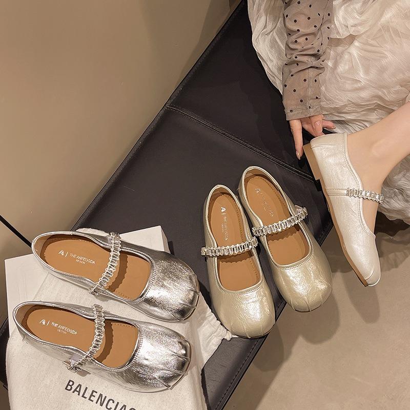 Niche soft sole with silver Mary Jane shoes women's summer flat heel women's round head rhinestone shoes