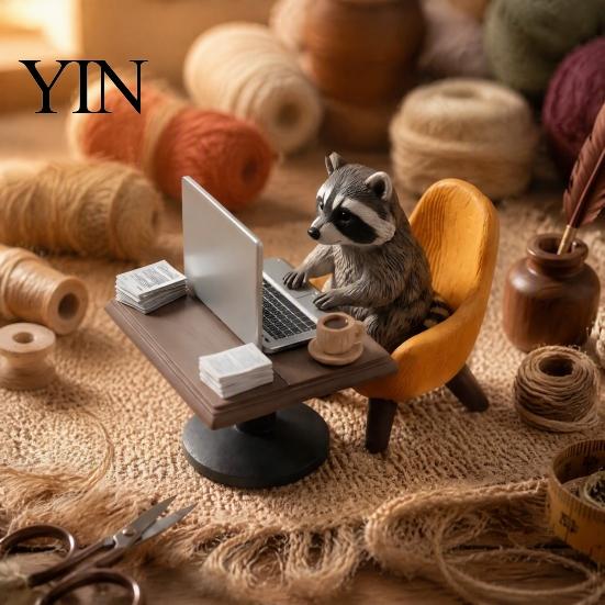 Fun Gifts for Colleagues Highland Cow/Raccoon Office Theme Ornament, Miniature Animal Desktop Decoration with Realistic Workplace Stress Relief Laptop