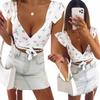 Fashionable Stylish Blouse Top Flowers Wrap Neck Tie Pattern 3 S/M Bysisi