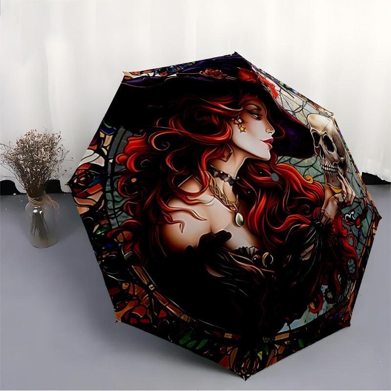 1pc Witch Skull Automatic Folding Umbrella, Sturdy And Durable Automatic Folding Umbrella with 8 Ribs, Convenient for Outdoor Use012