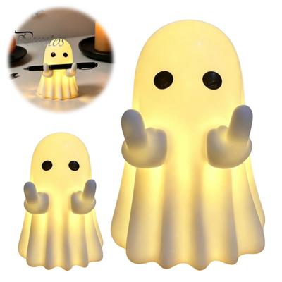 Whimsical Ghost Statue LED Middle Finger Halloween Night Light, Cute Spooky Haunted House Display Props for Desktop Home Office Decor Seasonal Holiday