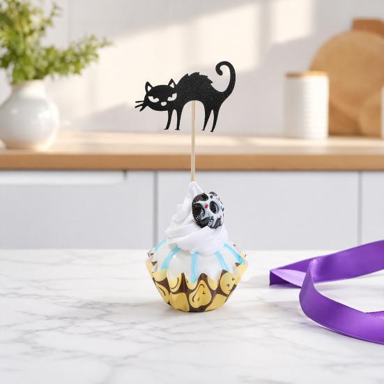 Cat Silhouette Cake Topper 8 Pcs Cupcake Topper, Halloween Black Cute Kitten Party Decor Food Pick for Baby Shower Birthday Wedding Decoration Dessert