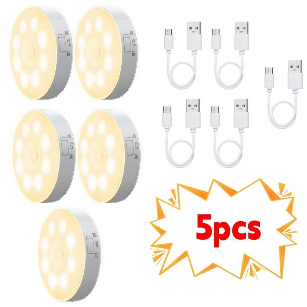 2/3/4/5pcs Motion Sensor LED Night Light USB Rechargeable Night Lamp for Kitchen Cabinet Wardrobe Lamp Staircase Wireless Closet Light