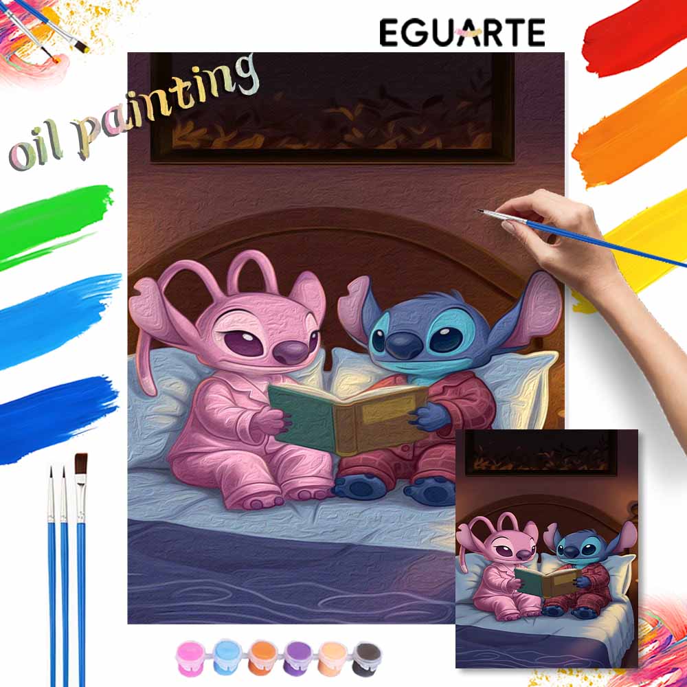Disney Stitch and Angel reading book oil painting art set handmade diy gift home decoration