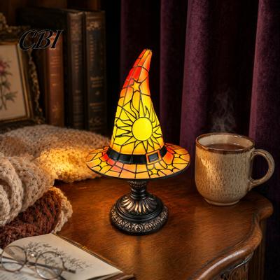 Stained Glass Witch Hat Lamp Lamp, Table with Inline Switch, USB Powered Gothic Night Light Style Halloween for Bedroom Bookshelf Desk, Witches Decor