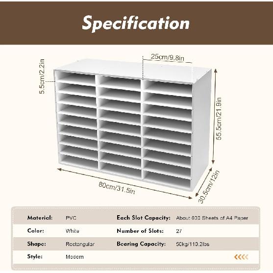 27-Slots Literature Organizer Adjustable Thickened PVC Mail Sorter Organizer, Open Design Versatile Classroom Mailbox Paper Organizer with Removable