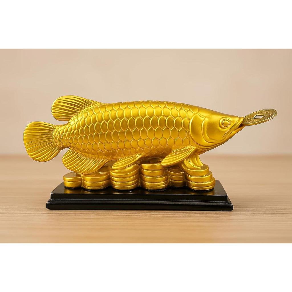 Feng Shui Golden Arowana Fish Statue Showpiece with Coin In Mouth Wealth Symbol, Protects Mishaps, Troubles Vastu Products Home & Office