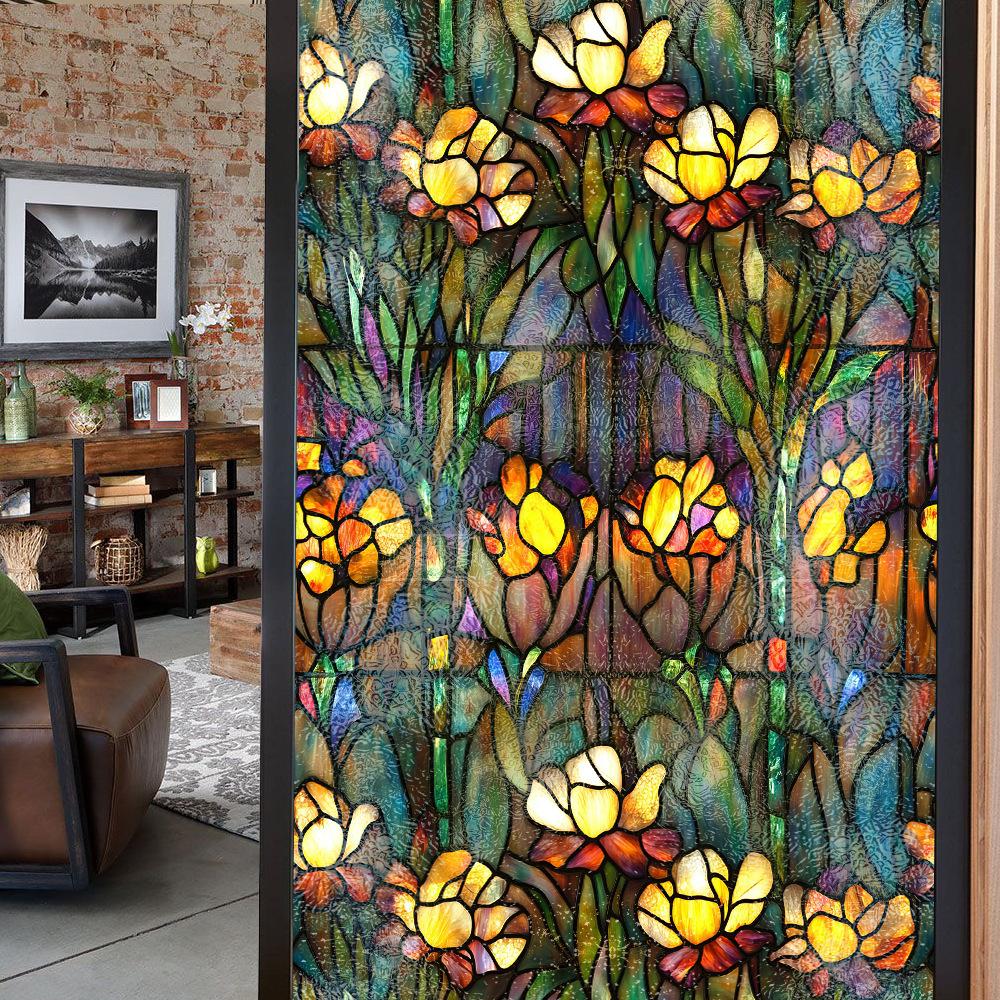 Stained Glass Decorative Static Cling Double-sided Colored Window Privacy Film Removable Laser Sun Blocking Vinyl Covering 43x100cm