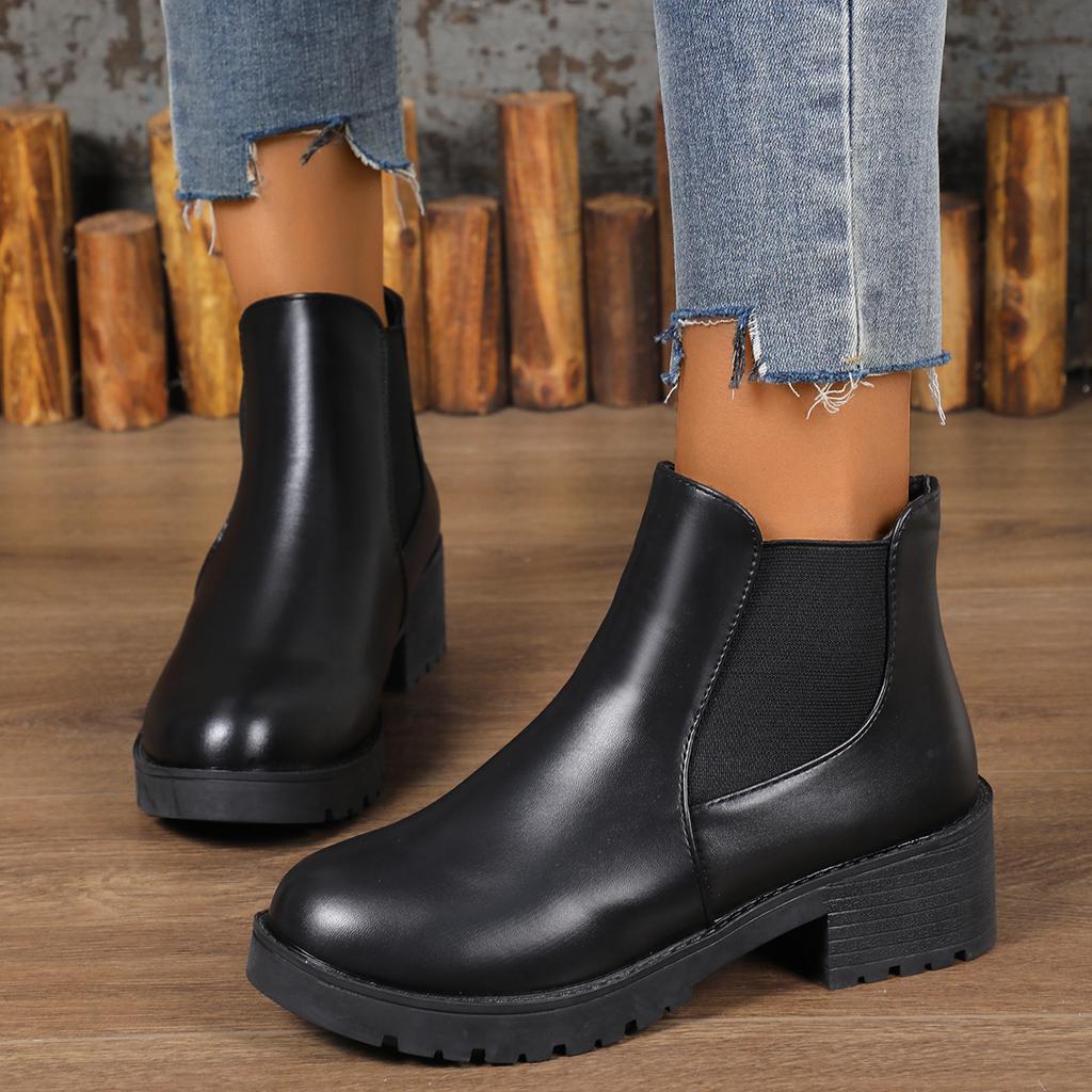 New Women'S Plush Lined Ankle Boots British Style Round Toe Chunky Heel Warm Comfortable Autumn Winter Short Boots