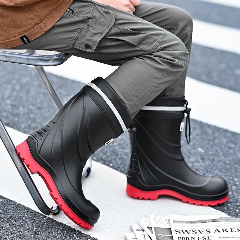 Water Shoes, High-end Rain Shoes, Men's New Elastic Closed Waterproof Bundle, Rain-proof, Medium Tube Rain Boots, Water Boots, Work Rubber Shoes