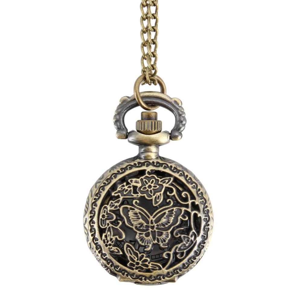 Fashion Women Quartz Pocket Watch Alloy Hollow Out Butterflies Vintage Sweater Chain Necklace Pendant Clock Gifts