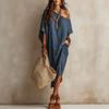 Dámské jednobarevné off-shoulder maxi šaty s netopýřími rukávy a rozparkem, volné, lněné, boho, na dovolenou, dlouhé šaty