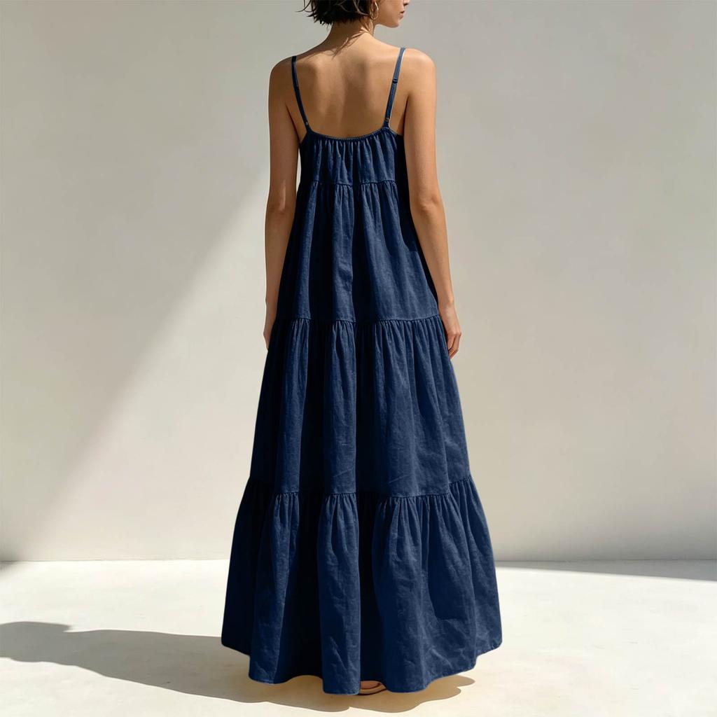 Womens Backless Spaghetti Strap Maxi Dress Summer Casual Flowy Tiered Long Sundress Beach Vacation Sleeveless Dress