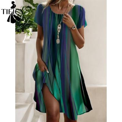 Moda Donna Estate Primavera Stampa a Blocchi di Colore Manica Corta Scollo a O Vita Larga Abiti Casual