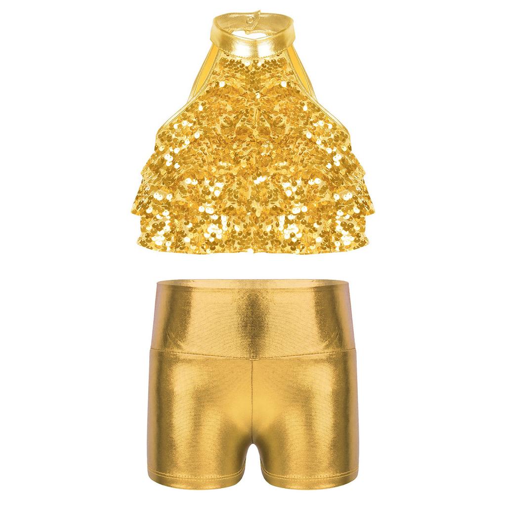 Top Corto da Bambina con Collo Alto Senza Maniche e Paillettes Pantaloncini Stratificati Lucidi Metallici Outfit per Danza sul Palco