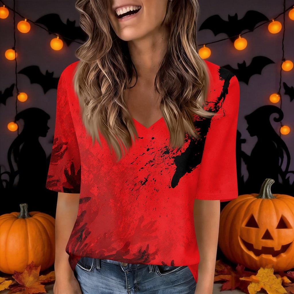 Women's Casual V-Neck Short Sleeve Blouse with Halloween Print