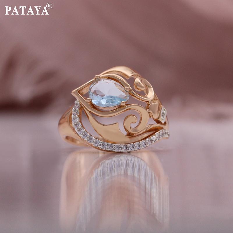 PATAYA Classical Rose Gold Color Green Light Blue Artificial Zircon Earring Ring Pendant  Necklace Combination Set