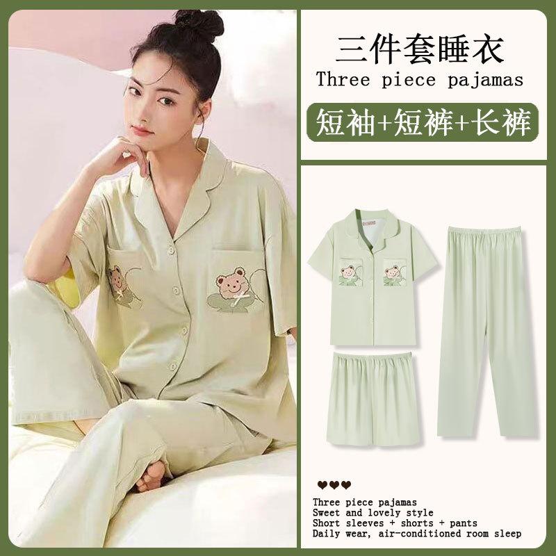 GMXIA Sommermode Pyjama Damen Kurzarm Dreiteiliges Set, Baumwollähnlich Cartoon Student Hauskleidung, Kann Draußen Getragen Werden