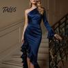 Talos Women's One Shoulder Asymmetric Ruffle Satin Dress, Formal Evening Party Gown, Long Sleeve Ruched Bridesmaid Dress