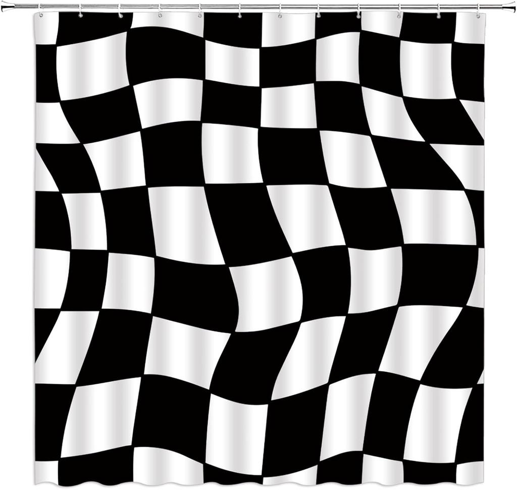 Black and White Checkered Shower Curtain Retro Funky Groovy Aesthetic Abstract Checkerboard 60s 70s Plaid Hippie Home Decor