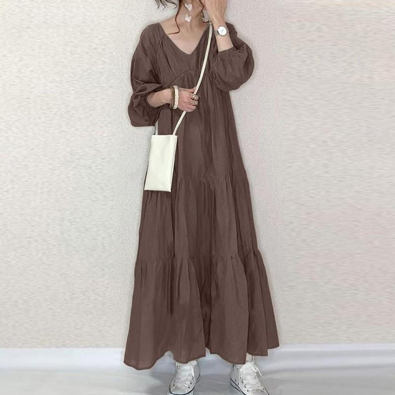 

Винтажное платье с оборками, женское весеннее платье-сарафан, повседневное платье макси с рукавами-фонариками, женское платье с V-образным вырезом, элегантное длинное платье XS коричневый