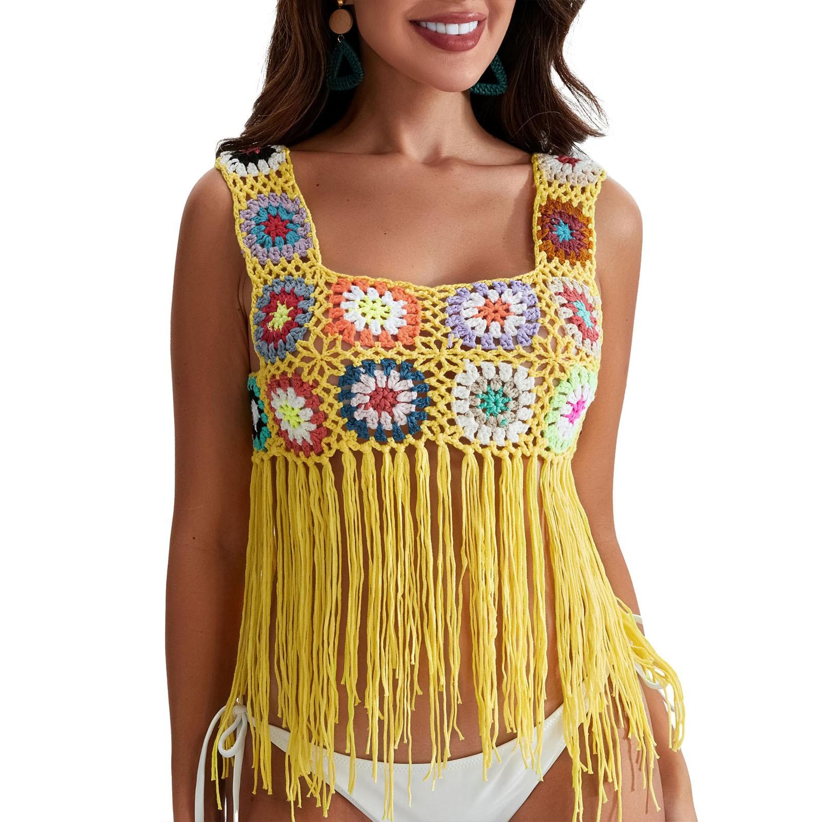 

Женская вязаная крючком майка с кисточками, накидки, вязаная красочная цветочная вышивка, летняя пляжная одежда в стиле бохо с вырезами One Size жёлтый