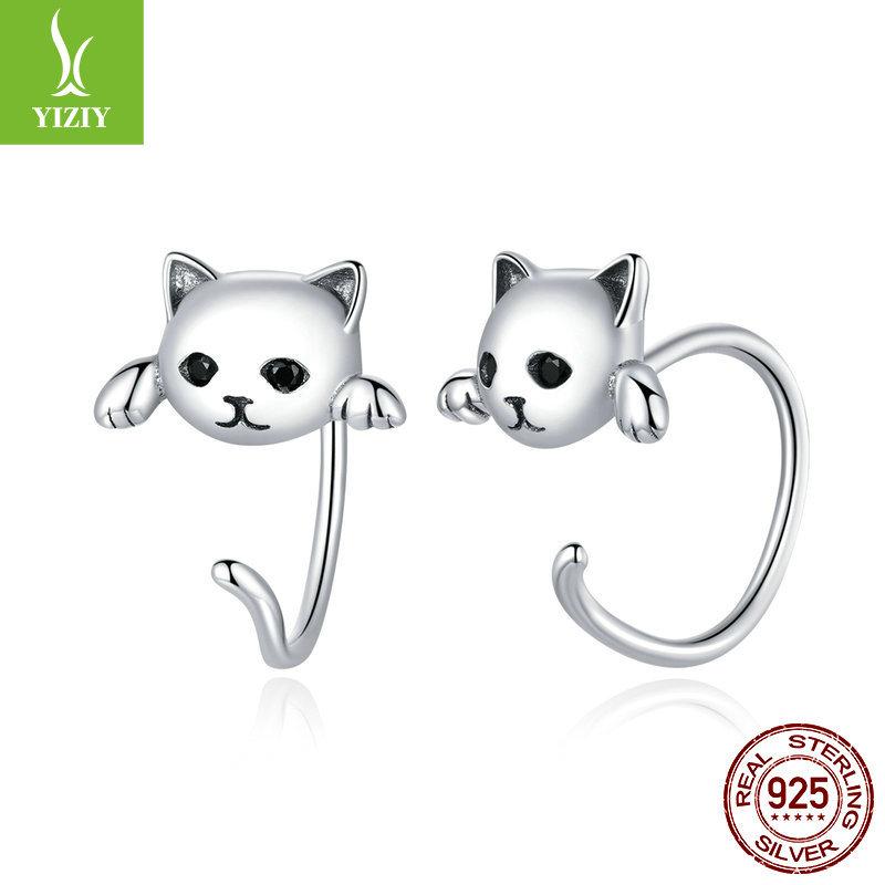 Cute Cat Stud Earrings Set, Playful Animal Electroplated 925 Sterling Silver Jewelry.