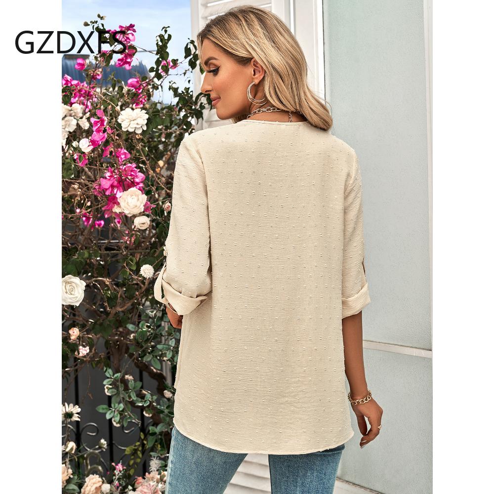 DX-Spring/Summer New Women's Fashion Solid Loose V-neck 3/4 Sleeve Top