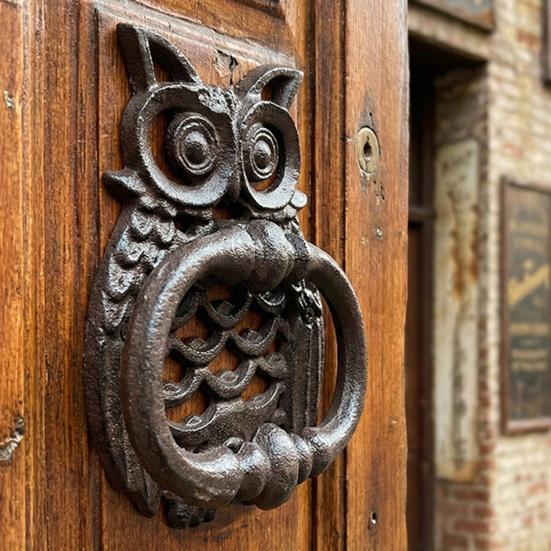 Huaqianguhh Retro Owl Door Knocker, Wrought Iron Hollow Carved Wall Decor, Multi-use Thickened Rustproof Cabinet Pull Handle, Pre-Drilled Holes