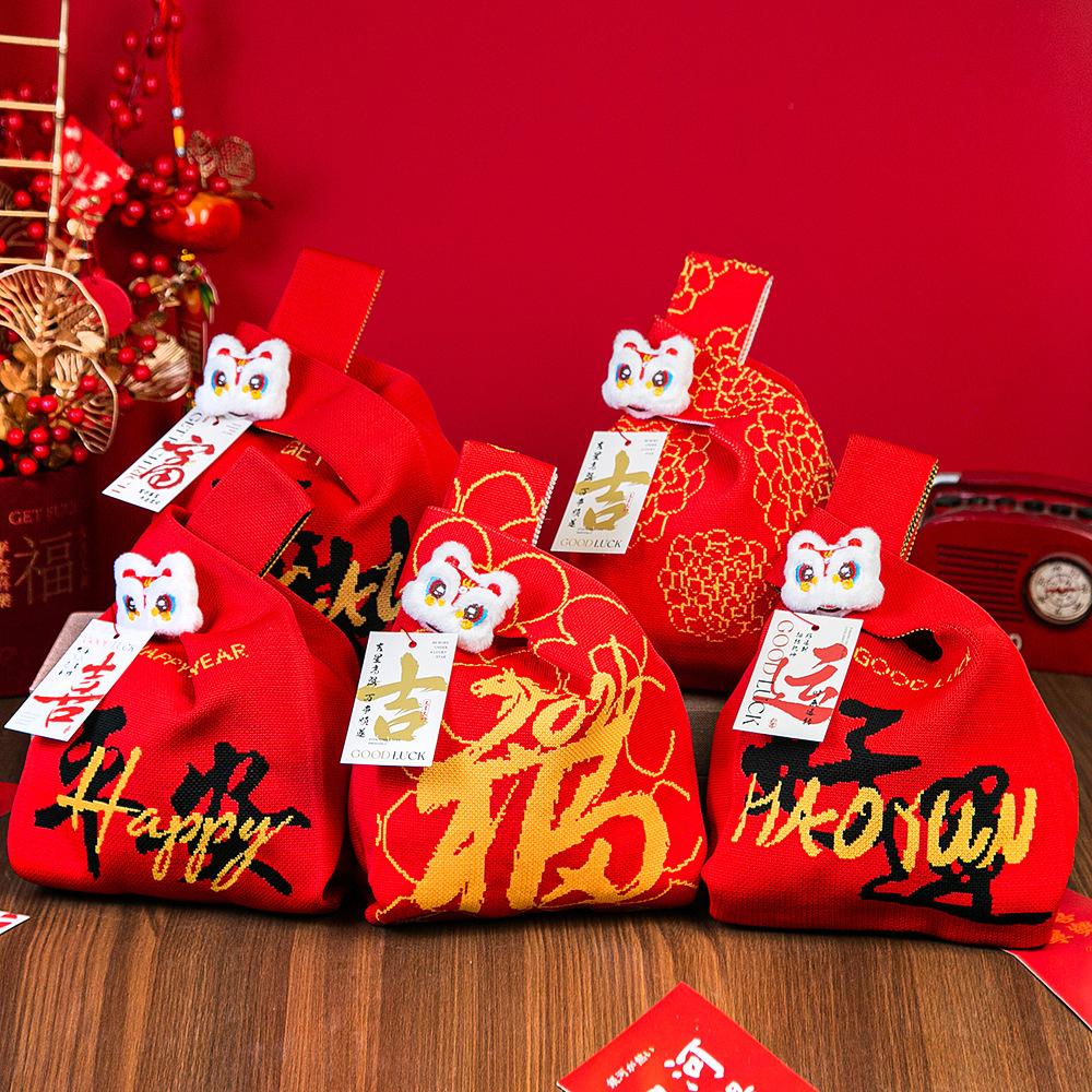 Year Of The Horse Red Knot Wrist Handbag Cartoon Mascot Pony Knitted Candy Tote Bag Reusable Shopping Bag Gift Packaging Bag