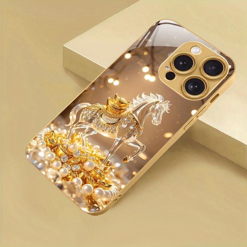 Crystal Golden Horse Pearl Ingot Metallic Paint Glass Phone Case For iPhone 17 16 15 14 13 12 11 Pro Max Plus 17 Air 16E Cover