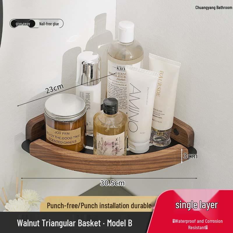 Solid Wood Corner Bathroom Shelf - No-Drill Triangle Storage for Washbasin & Shower Gel