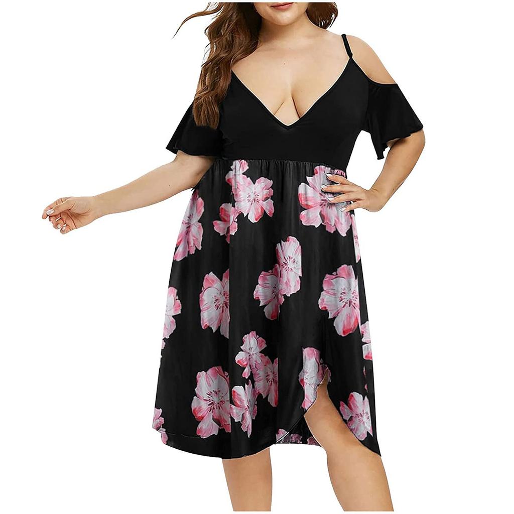 Women's High Waist Belly Concealing V-Neck Strapless Printed Plus Size Dress