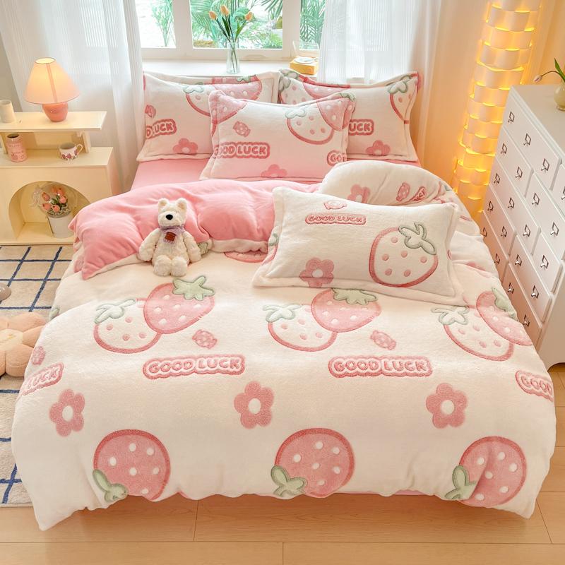 Winter Flannel Pink Heart Duvet Cover Animals Bear Soft Warm Keep Warm Bed Quilt Covers Milk Velvet Queen King Bed Home Textiles