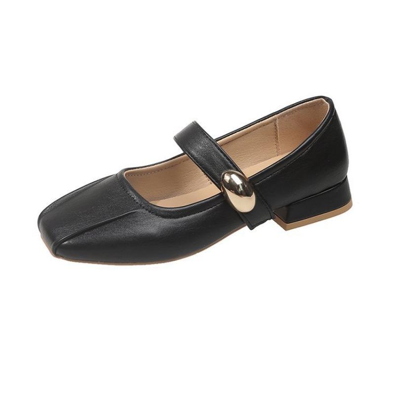 Fashionable Square-toed, Large-sized, Low-top Single Shoes for Women with Thick Heels and Riveted Breathable Shoes